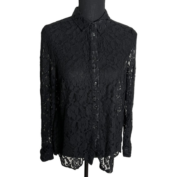 H&M Divided Lace Long Sleeve Button Down Shirt Large Women’s Black Flawed - Picture 1 of 4